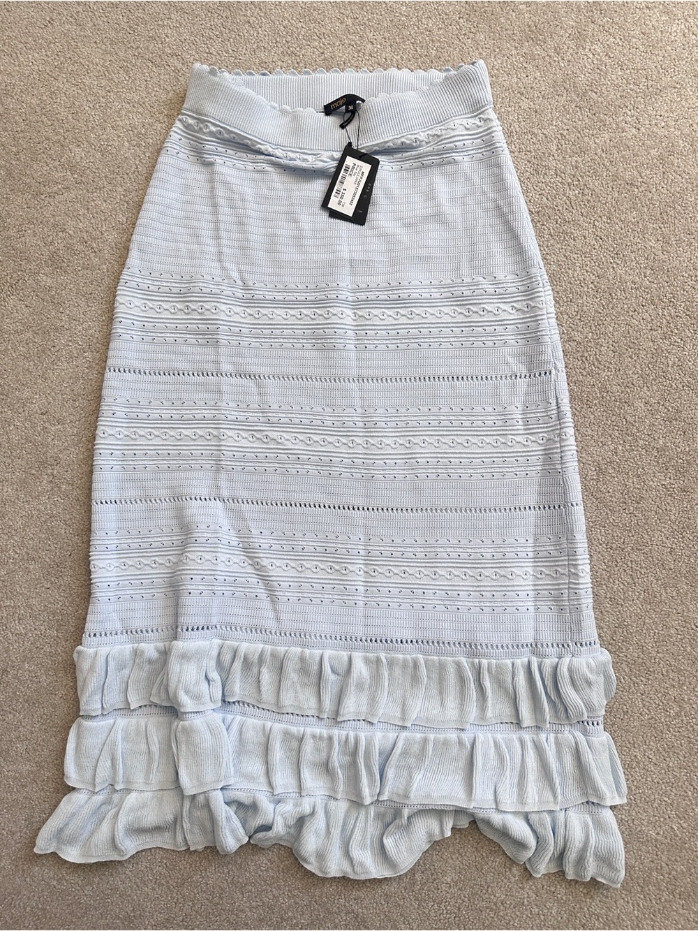 Maje Light Blue Knit Ruffle Hem Midi Skirt